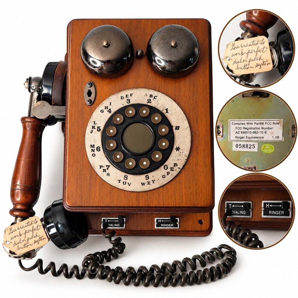 Vintage TeleConcept Country Talk Wood Wall Telephone Push Button Twin Bell Works